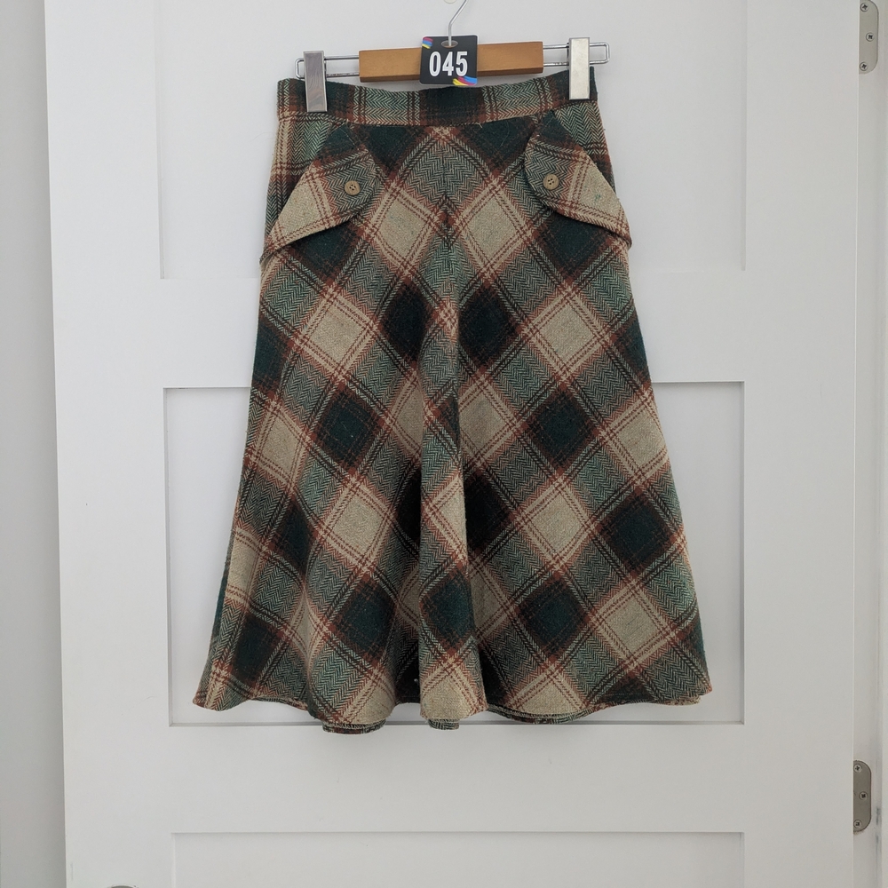 045_Plaid A-Line Skirt - Green and Cream